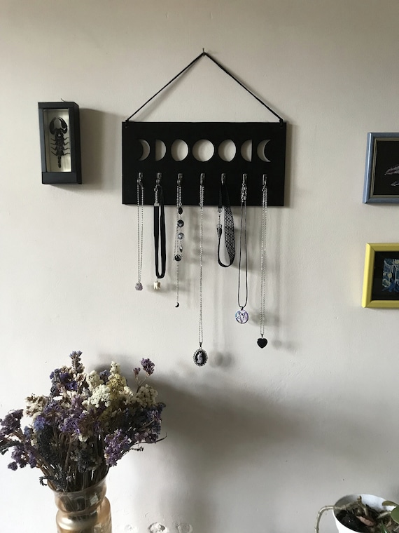 Moon phases wall hanging jewelry organizer / wood jewelry hanger for the wall / goth jewelry organizer / gothic necklace holder / moon phase
