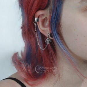 Ear cuff chain earrings / triquetra heart cross pentagram moon ear cuff / surgical steel cuff earrings / goth witchy alt occult jewelry
