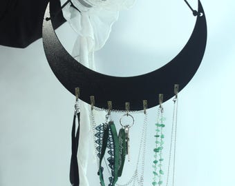 Crescent moon jewelry organizer / moon wall hanging jewelry holder / wooden keychain holder / horn moon / gothic home decor / goth / witchy