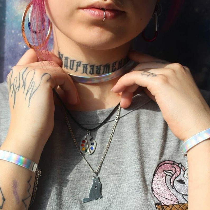 Holographic choker / iridescent choker / holographic choker collar women / vegan pu leather / pastel goth / rave outfit / rainbow choker image 5