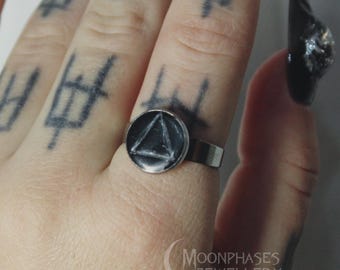Alchemie Ring / vier Elemente / alchemistische Element Symbole / Feuer Wasser Erde Luft / okkulter Schmuck / Edelstahl Ring