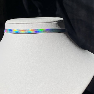 Thin holographic choker / vegan pu leather / laser necklace / holo pendant / rainbow / iridescent / mermaid / galaxy / rave choker / club