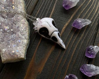 Vogelschädel Halskette mit Amethyst Kristallen / Halskette Rabenschädel / Fake Rabenschädel / Gothic Schmuck / Schädel Replik / Makaber