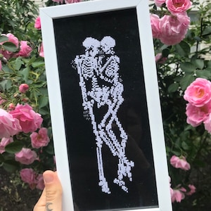 Gothic cross stitch / lovers of Petrykiv / original framed artwork / skeleton artwork / gothic home decor / unique Valentines day gift