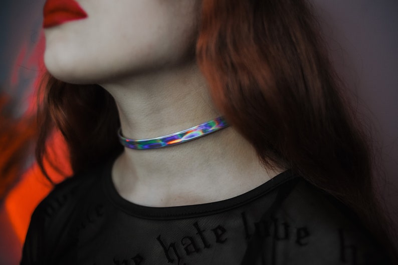 Holographic choker / iridescent choker / holographic choker collar women / vegan pu leather / pastel goth / rave outfit / rainbow choker image 1