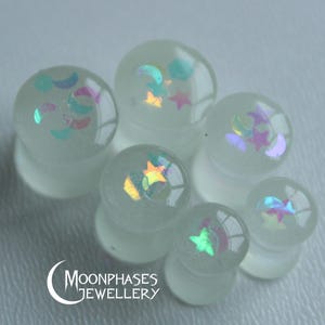Glow in the dark ear gauges / moon star ear plugs / luminous gauge earrings / for stretched lobes / ear tunnels / 0g 00g 1/2 " / 4 - 30 mm