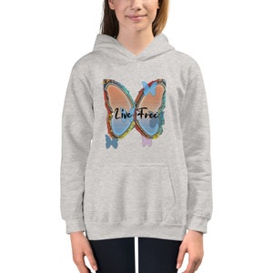 May include: A grey hooded sweatshirt with a colourful butterfly graphic and the text "Live Free".
