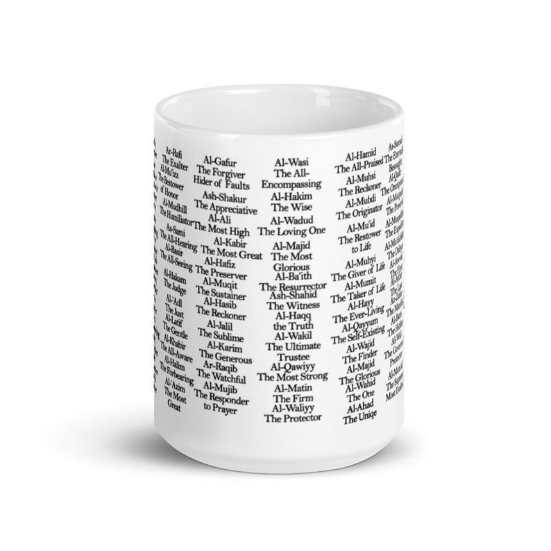 May include: White ceramic mug with black text listing the 99 names of Allah in Arabic and English. The names are arranged in two columns.