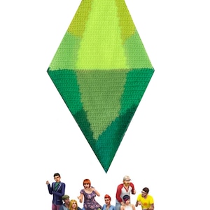 Pode incluir: Um grande losango verde com uma aparência texturizada, acima de um grupo de pessoas diversas sentadas em um sofá marrom. As pessoas estão vestidas com roupas casuais, sugerindo um tema social ou de jogos.