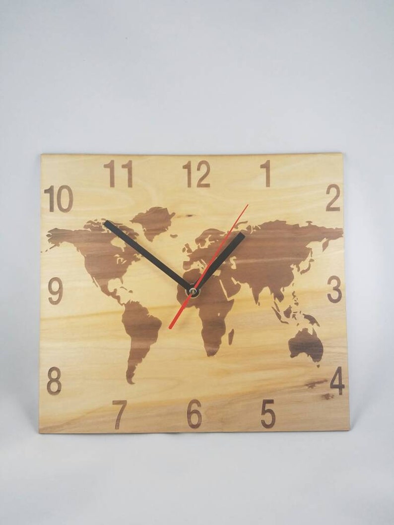 World Map Clock Wooden Clock Etsy