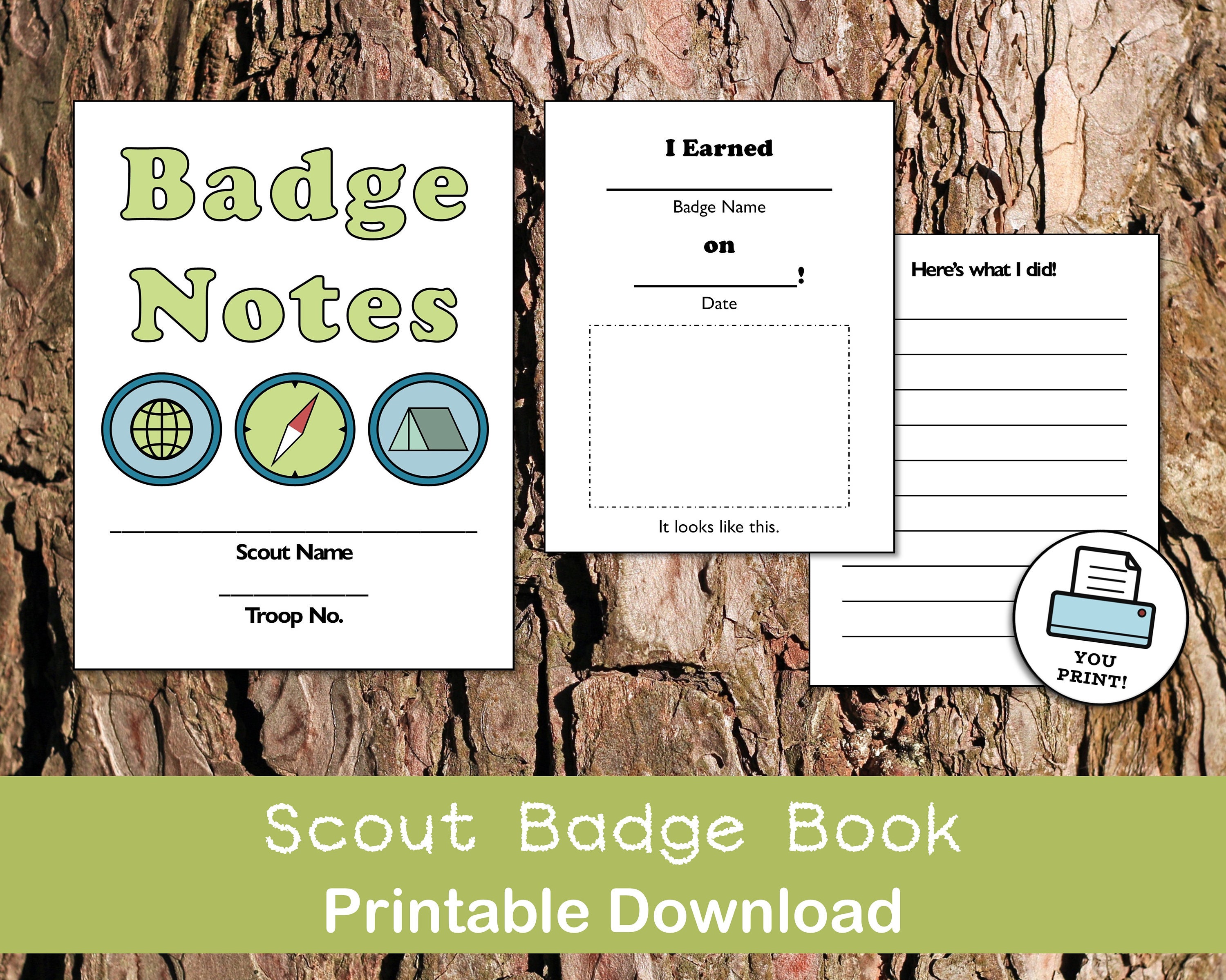 Printable Scout Badge Journal Pages - Planner - Tracker- Log Book - Patches - Girl Scouts - Boy Scouts - Heritage Girls - Organization