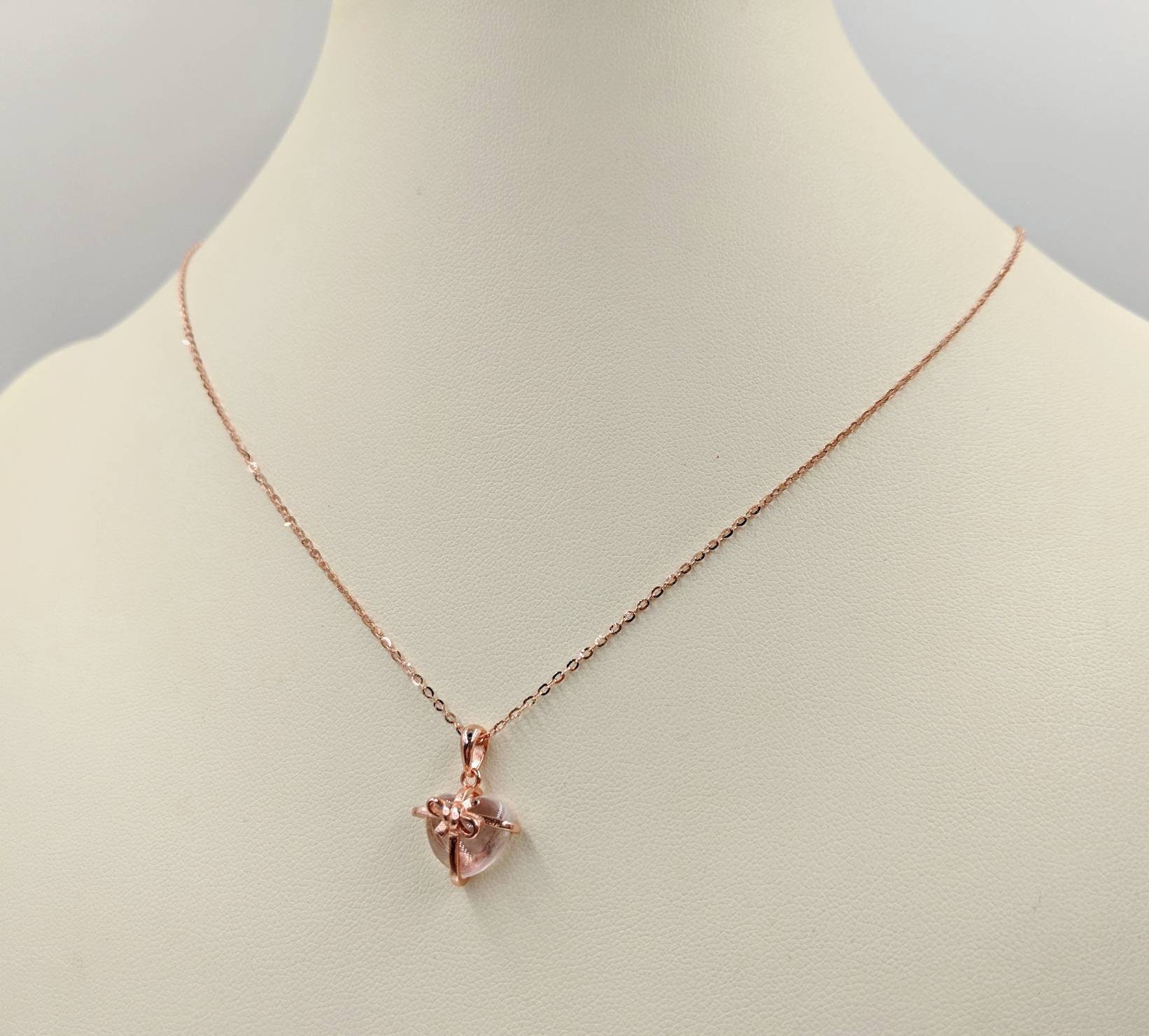 Rose Quartz & 925 Rose Gold Heart Necklace; Wrapped Heart