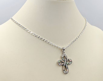 925 White Fire Opal Cross w CZ Necklace; White Opal Cross Necklace on 925 Curb Chain; Sterling Silver and White Opal Cross, Infinity Close