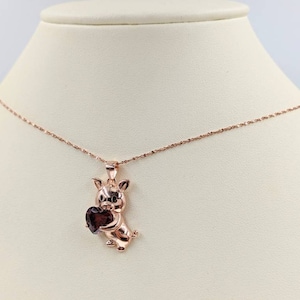 925 Sterling Silber Schwein Halskette; Rose Gold Schweinchen Anhänger mit rotem Herz; Glückliches Schwein Halskette; Entzückender Schwein Anhänger; Ferkel Charm mit Herz