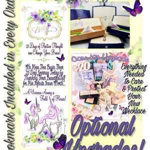 May include: A collage of images showcasing optional upgrades for a necklace. The first image shows a wooden box with a blue velvet interior. The second image shows a care kit with a variety of items, including a small bottle of liquid, a bag of bath salts, and a small bag of crystals. The third image shows two unicorns in a field of flowers. The text on the image reads "Box Upgrade", "Care Kit Upgrade", "$20", "Everything Needed to Care & Protect Your New Necklace", and "Optional Upgrades!"