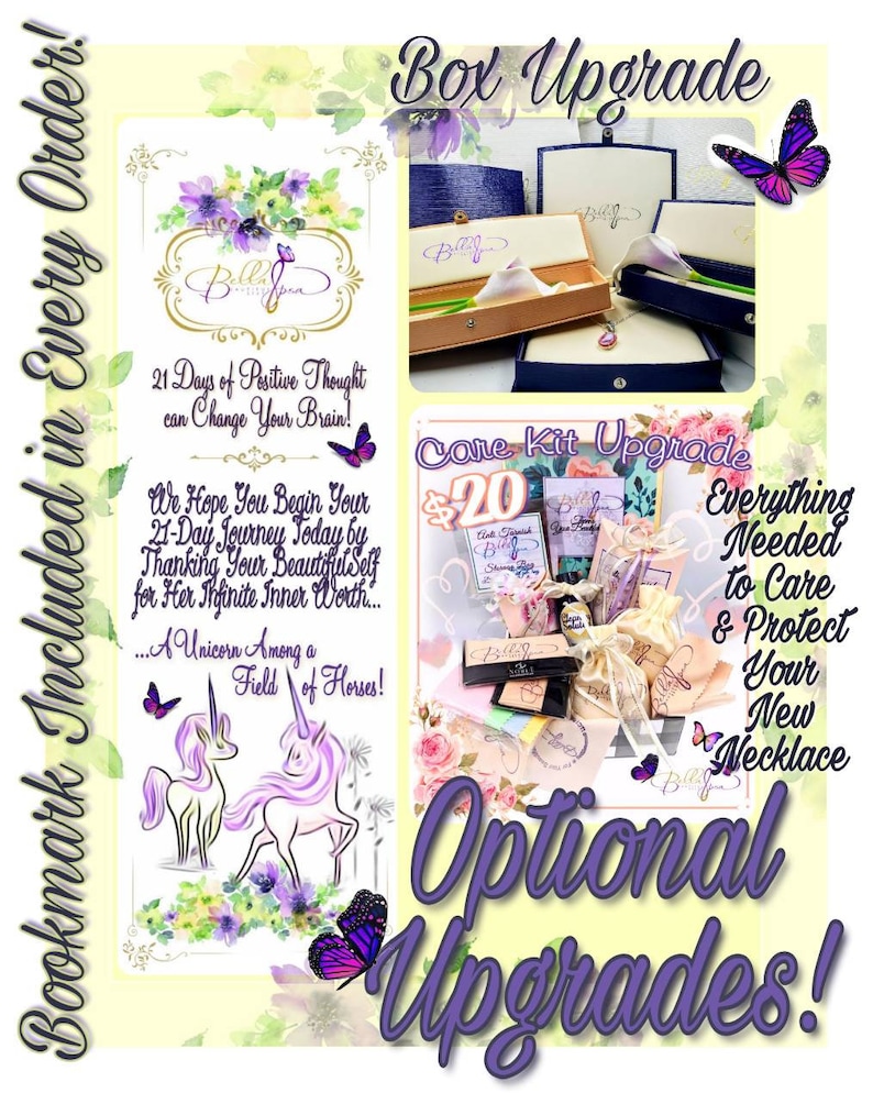 May include: A collage of images showcasing optional upgrades for a necklace. The first image shows a wooden box with a blue velvet interior. The second image shows a care kit with a variety of items, including a small bottle of liquid, a bag of bath salts, and a small bag of crystals. The third image shows two unicorns in a field of flowers. The text on the image reads "Box Upgrade", "Care Kit Upgrade", "$20", "Everything Needed to Care & Protect Your New Necklace", and "Optional Upgrades!"
