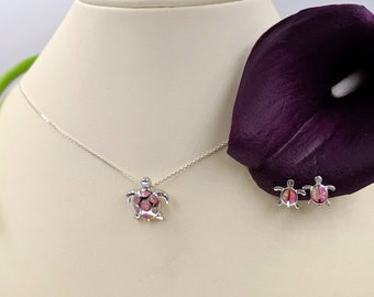925 Sterling Silver & Pink Opal Turtle Necklace and Earrings Set; Pink Opal Turtle Pendant; 925 Pink Opal Turtle Gift Set, Infinity Close