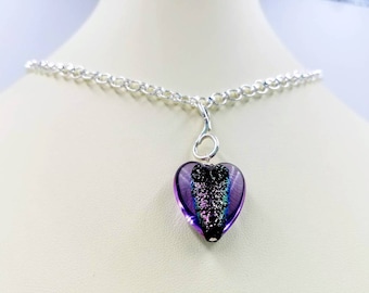 Purple Glitter Venetian Glass Heart Necklace; Textured Chain w Removable Purple Magento Glitter Glass Murano Heart Pendant on Swirl Drop