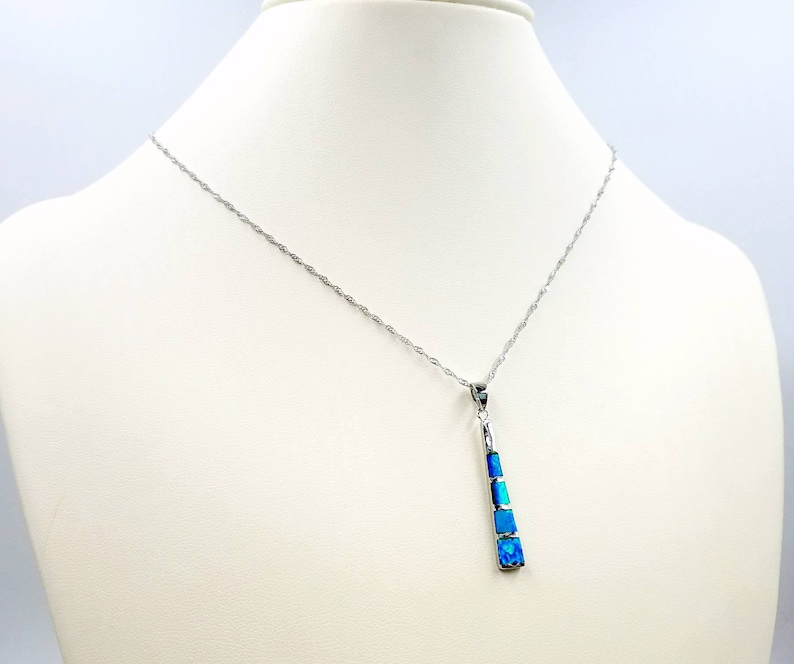 Blue Opal and Sterling Silver Bar Drop Necklace Set w Matching Opal Bar Drop Earrings; Sterling Silver Rope Twist Chain and Infinity Clasp