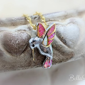 Two Tone Hummingbird Necklace; 925 Sterling Silver Hummingbird Pendant; Gold & White Opal Hummingbird Necklace; White Pink Opal Hummingbird