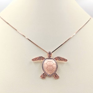 Rose Gold Sea Turtle Necklace; 925 Sterling & Rose Turtle, 925 Rose Necklace w Hanging Sea Turtle; Rose Turtle Pendant with Infinity Close