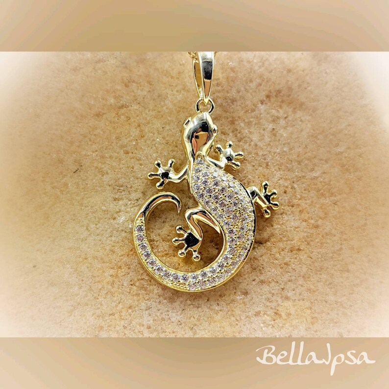 925 Gold Pave Lizard Necklace; Gecko Lizard Necklace; Gold Lizard Pendant; Gold Salamander; Sterling Silver Pave Lizard Infinity Close
