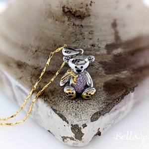 Two Tone Pave Detail Teddy Bear Necklace; 925 Silver Teddy Bear Necklace; Bear with Bowtie; Teddy Bear Pendant Necklace with Pave Detail