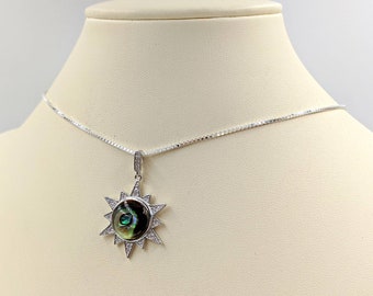 925 Abalone Sun-ketting; Zonnestraalketting; Zonneschijnketting; CZ effen abalone schelp zonnehanger; Zon met abalone-ketting, Infinity Close