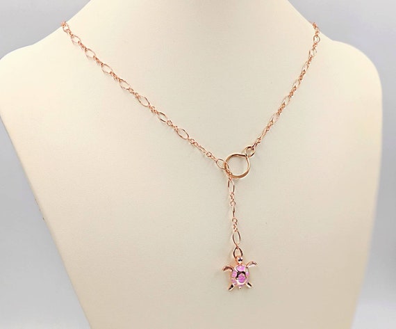 Adorable 925 Pink Opal Rose Gold Turtle Pendant w CZ Detail on Sterling and Rose Gold Box Chain Rose Gold Infinity Link and Sterling Clasp