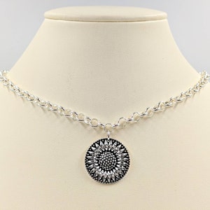Sterling Silver Sunflower Necklace; Antiqued Sunflower; 925 Sun Flower Necklace on Silver Chain; Silver Sunflower Necklace, Infinity Close