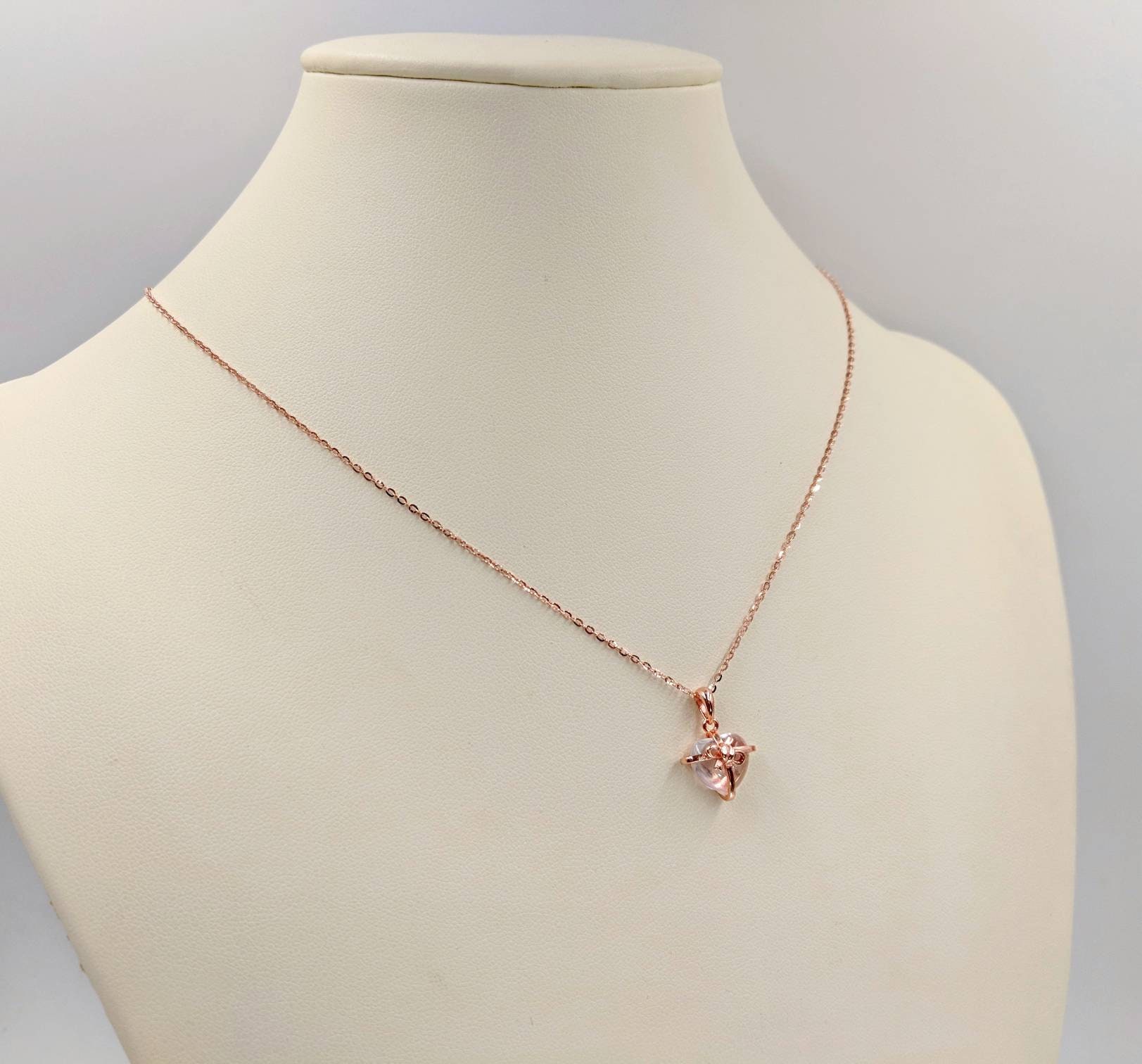 Rose Quartz & 925 Rose Gold Heart Necklace; Wrapped Heart