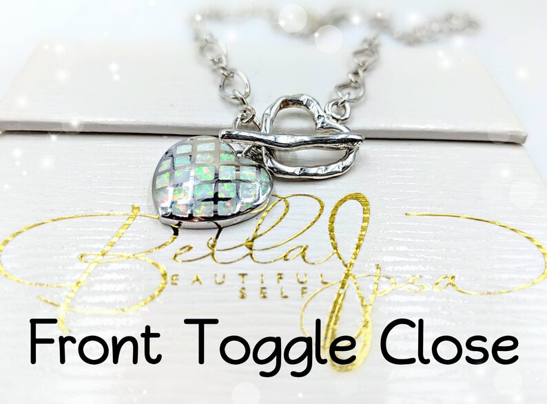 White Fire Opal /& 925 Sterling Silver Heart and Diamond Cut Chain Toggle Necklace; Opal Heart w Hammered Front Toggle Close; Heart Necklace