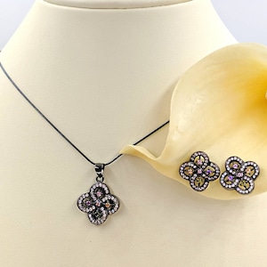 Black Flower Necklace Set; 925 Black Rhodium Flower Necklace & Earrings in Pave Setting; 925 CZ Rainbow Flower; Daisy Flower, Infinity Close