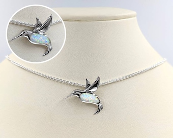 Silver & White Opal Hummingbird Necklace; 925 Sterling Hummingbird Pendant; White Opal Hummingbird Necklace; Fire Opal Hummingbird Necklace