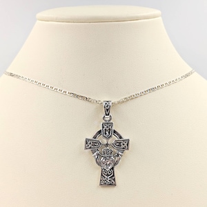 925 White CZ Celtic Cross Necklace; 925 Cross Necklace; Silver Celtic Claddagh Cross Necklace; Claddagh Necklace with Cross, Infinity Close