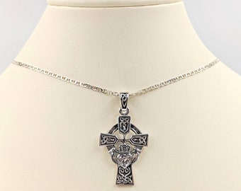 925 White CZ Celtic Cross Necklace; 925 Cross Necklace; Silver Celtic Claddagh Cross Necklace; Claddagh Necklace with Cross, Infinity Close