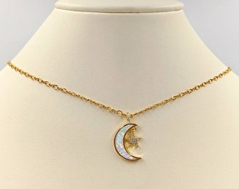 Gold Opal Moon; Moon and Star Necklace; Gold Moon with White Opal & Pave Star; Opal Moon Necklace; Moon Pendant with Star, Infinity Close