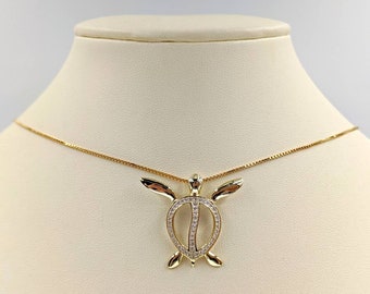 Yellow Gold Sea Turtle Necklace; 925 and Gold Turtle Charm; Gold Pave Necklace w Sea Turtle; Gold & CZ Pave Turtle Pendant, Infinity Close