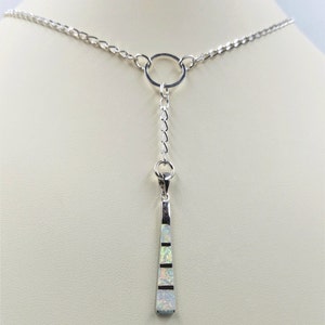 925 Sterling Silver Diamond Curb Chain Lariat Necklace with White Opal Flare Bar Drop Pendant on Sterling Silver Eternity Circle Center