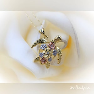 Tri Tone Gold Turtle with Silver, Gold, & Rose Gold Flowers; Turtle Necklace and Plumeria Flowers; 925 Gold Sea Turtle with Hibiscus Flowers