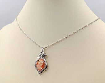Shell Cameo; Peach Orange Shell Cameo Necklace w Heart Sterling Silver Setting; Shell Cameo Necklace; Shell Cameo, Infinity Clasp & Close