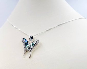 Sterling Silver Cable Chain Necklace w 925 Abalone Shell Green, Blue, and Multi-Color Filigree Butterfly Pendant, Infinity Link, Clasp Close