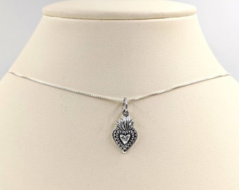 Small Sterling Silver Burning Heart Necklace; 925 Burning Heart; Antiqued Sacred Heart Pendant; 925 Sacred Heart Necklace, Infinity Close