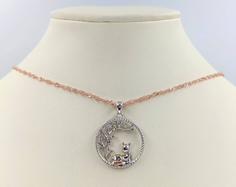 Sterling & Rose Gold Doe and Fawn Tree of Life Necklace; Mom and Baby Deer Necklace; Two Tone Baby and Child Deer Pendant w Rose Gold Chain