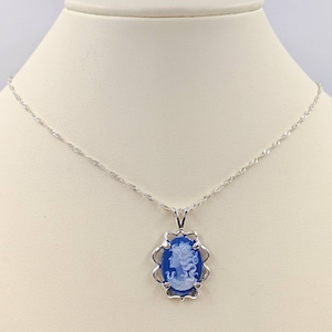 Victorian Cameo, Genuine Agate Cameo Necklace, Blue Woman Stone, Rope Chain and Sterling Fancy Setting; Sterling Infinity Clasp & Close