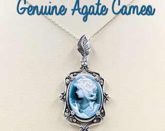 Agate Cameo; Classic Victorian Cameo Necklace; Blue Genuine Agate Cameo w 925 Filigree Setting with Leaf & Sterling Chain, Infinity Close