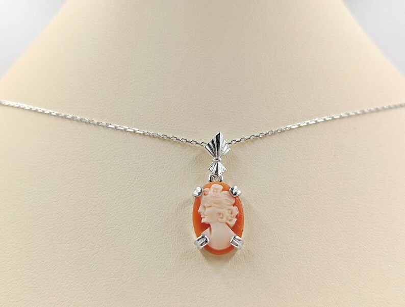 925 Petite Shell Cameo Peach Orange Shell Cameo Necklace w Sterling Silver Setting Shell Cameo Necklace Shell Cameo, Infinity Close image 9