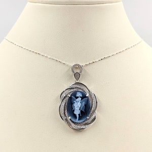 Genuine Agate AA Black / Blue Agate Cameo Necklace; Victorian Fairy Cameo on 925 Pave Fancy Setting; Fancy Fairy Cameo, Infinity Close