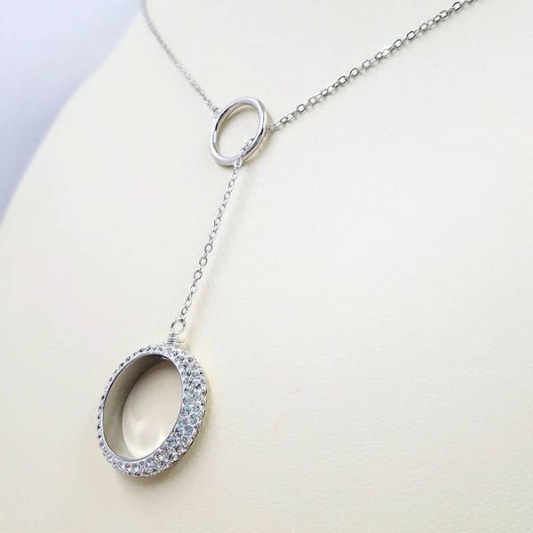 Swarovski Pave Ring Lariat Necklace - Sterling Chain 925 & Swarovski Crystal Pave Eternity Circles Moving Center, No Clasp Sweater Necklace