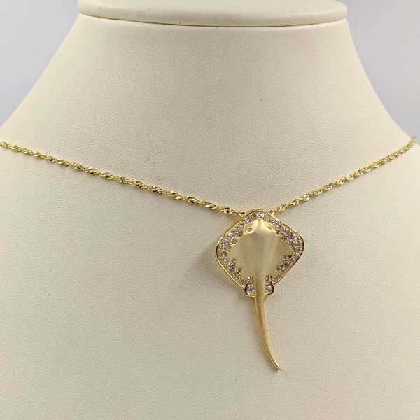 Yellow Gold Stingray Necklace; Sterling Silver Stingray Necklace; Pave Gold Sting Ray; Necklace w Stingray; 925 Jellyfish; Manta Ray Charm